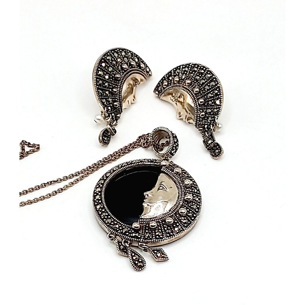 Celestial Sterling Pendant Necklace Earrings  Black Onyx Marcasite Man-in-Moon - Picture 2 of 12